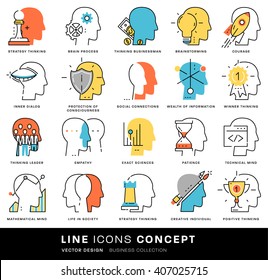 Juego De Iconos De Línea Delgada. Cerebro, mente y emociones para sitios web, carteles, ilustraciones infográficas. Colección simple de pictogramas lineales. Concepto de logotipo para diseños de moda. Paquete Pictograma de calidad premium