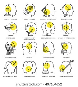 Thin Line Icons Set. Brain, Mind and Emotions for Websites, Banners, Infographic Illustrations. Simple Linear Pictograms Collection. Logo Concept for Trendy Designs. Premium Quality Pictogram Pack