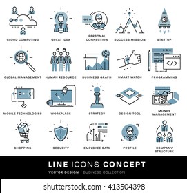 Juego De Iconos De Línea Delgada. Elementos de negocio para sitios web, banners, ilustraciones infográficas. Colección simple de pictogramas lineales. Paquete de conceptos de logotipo para diseños de moda. Paquete de imágenes plano