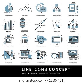 Juego De Iconos De Línea Delgada. Elementos de negocio para sitios web, banners, ilustraciones infográficas. Colección simple de pictogramas lineales. Paquete de conceptos de logotipo para diseños de moda. Paquete de imágenes plano