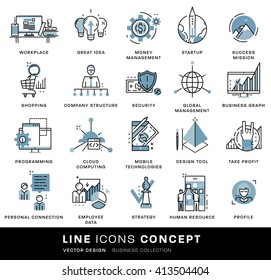 Juego De Iconos De Línea Delgada. Elementos de negocio para sitios web, banners, ilustraciones infográficas. Colección simple de pictogramas lineales. Paquete de conceptos de logotipo para diseños de moda. Paquete de imágenes plano