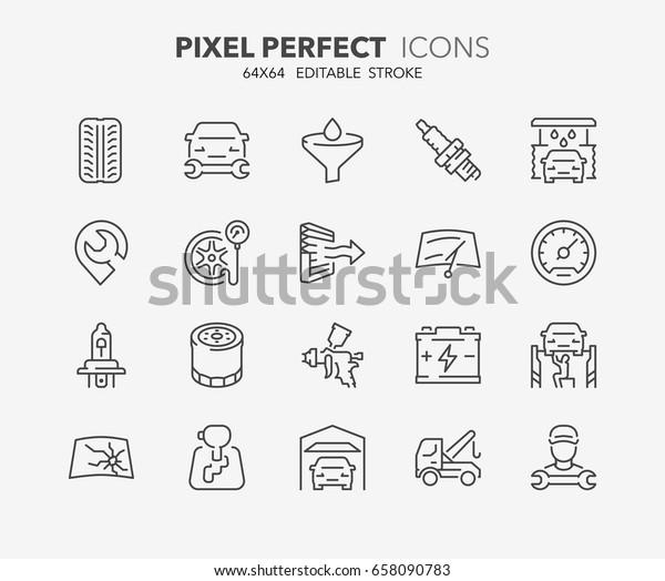 Thin line icons set of car repair-maintenance\
services and auto parts. Outline symbol collection. Editable vector\
stroke. 64x64 Pixel\
Perfect.