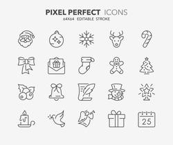 Thin Line Icons Set Of Christmas And Celebrations. Outline Symbol Collection. Editable Vector Stroke. 64x64 Pixel Perfect.