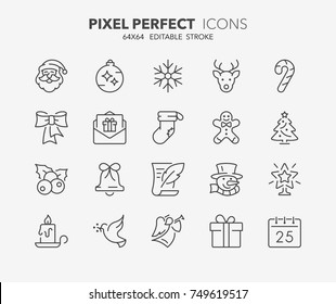 Thin line icons set of christmas and celebrations. Outline symbol collection. Editable vector stroke. 64x64 Pixel Perfect.
