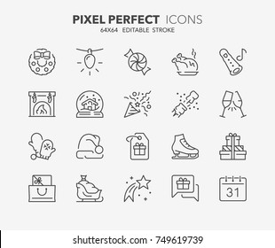 Thin line icons set of christmas, party and celebrations. Outline symbol collection. Editable vector stroke. 64x64 Pixel Perfect.