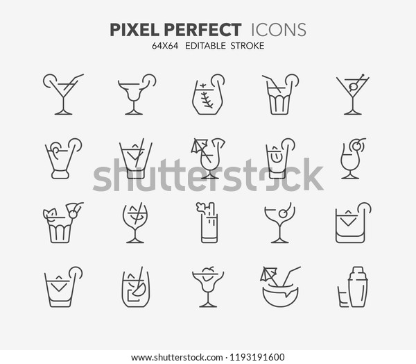 Thin line icons set of classic alcoholic\
cocktails. Outline symbol collection. Editable vector stroke. 64x64\
Pixel Perfect.
