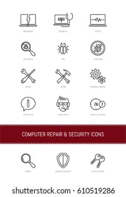 Thin line icons set. Computer repair and security. Template for your design works. Vector illustrations.