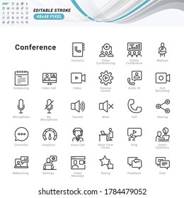 Thin line icons set of conference call and video meeting. Pixel perfect icons, editable stroke.