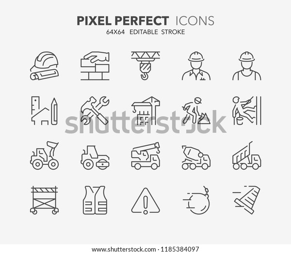 Thin line icons set of construction and\
architecture. Outline symbol collection. Editable vector stroke.\
64x64 Pixel Perfect.