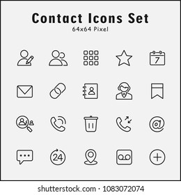 Thin line icons set of contact. Editable stroke vector 64x64 Px.