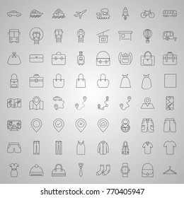 Thin Line Icons Set contain icons such as transportation, Cloths, luggage, map, travel, etc.