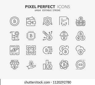 Thin line icons set of crypto currency. Outline symbol collection. Editable vector stroke. 64x64 Pixel Perfect.