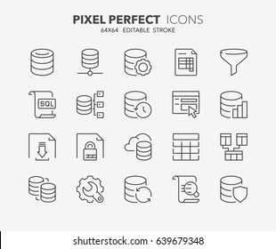 Thin Line Icons Set Of Database And Data Technology Concepts. Outline Symbol Collection. Editable Vector Stroke. 64x64 Pixel Perfect.