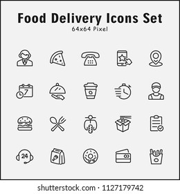 Thin line icons set of delivery, food, restaurant, fast food. Editable vector stroke 64x64 Pixel.