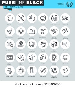 Thin line icons set of dental care, dental treatment, dental equipment, oral hygiene. Icons for website and mobile website and apps with editable stroke. 