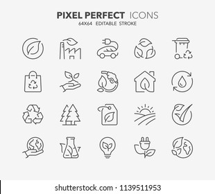 Thin line icons set of ecology, environment and sustainability concepts. Outline symbol collection. Editable vector stroke. 64x64 Pixel Perfect.