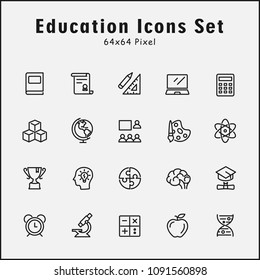 Thin line icons set of education. Editable vector stroke 64x64 pixel.