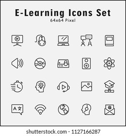 Thin line icons set of E-Learning, Education. Editable vector stroke 64x64 Pixel.