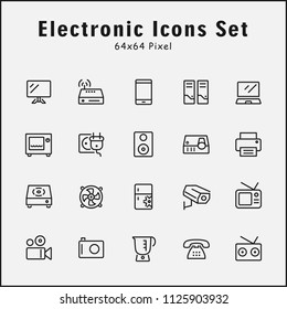 Thin line icons set of electronic device. Editable vector stroke 64x64 Pixel.