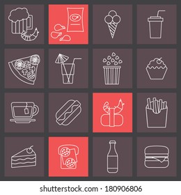 thin line icons set, fast food collection