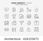 Thin line icons set of fitness, gym and health care. Outline symbol collection. Editable vector stroke. 64x64 Pixel Perfect.