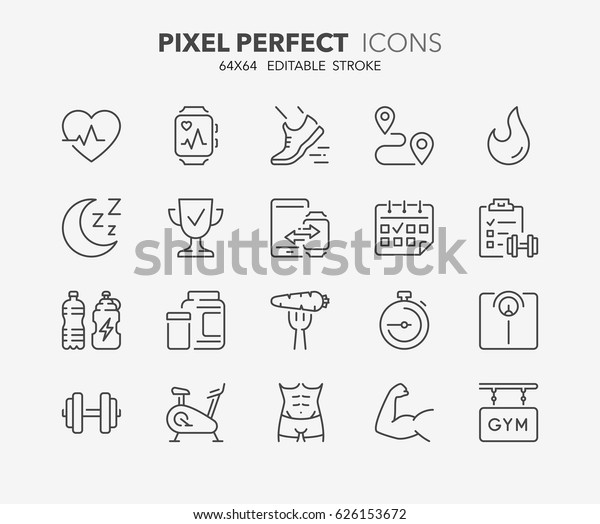 Thin line icons set of fitness, gym and health\
care. Outline symbol collection. Editable vector stroke. 64x64\
Pixel Perfect.