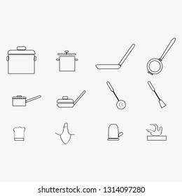 Thin line icons set: flammable, frying pan, saut, top hat, apron, pan, oven mitt,vector, illustration