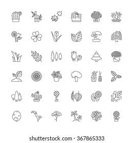 Thin line icons set. Flat symbols about flowers, plants and trees.