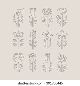 Thin line icons set. Flat symbols of flowers.