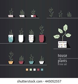 Thin line icons set - flat design elements of potted plants. Modern style logo vector illustration concept. Interior design elements.