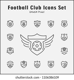 Thin line icons set of football club, soccer, emblem, shield. Editable vector stroke 64x64 Pixel.
