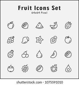 Thin line icons set of fruit. Editable vector stroke. 64x64 Pixel.
