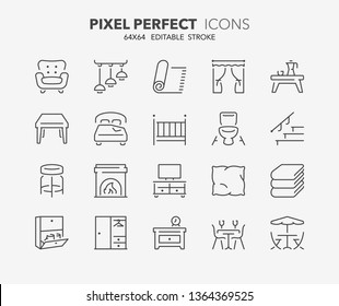 Iconos de línea fina conjunto de muebles, drenaje y textiles para el hogar. Colección de símbolos de esquema. Trazo vectorial editable. 64x64 Pixel Perfecto.