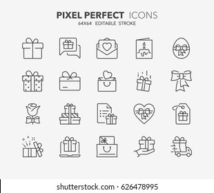 Thin line icons set of gifts and presents. Outline symbol collection. Editable vector stroke. 64x64 Pixel Perfect.