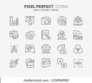 Thin line icons set of graphic design and creative process. Outline symbol collection. Editable vector stroke. 64x64 Pixel Perfect.