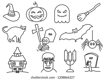 thin line icons set of Halloween,witch hat,pumpkin,ghost,witch broom,cat,bat,candle,spider,tombstone,house,zombie,Hand reaching from the grave,vector illustrations