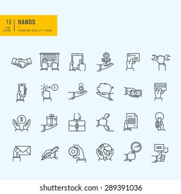 Thin Line Icons Set. Icons Of Hand Using Devices, Using Money, In Business Situations, Communication.