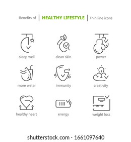 Thin line icons set for healthcare. Benefits of healthy lifestyle.