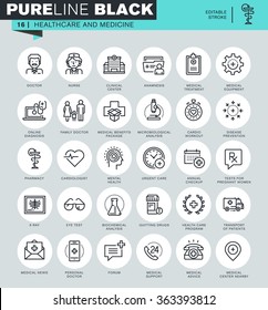 Thin line icons set of healthcare and medicine, hospital services, laboratory analyzes. Icons for website and mobile website and apps with editable stroke.  svg