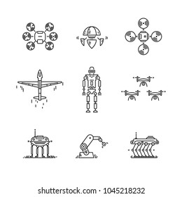 Thin line icons set of high technology. Artificial intelligent robot, quadcopter, drone, plane and manipulator