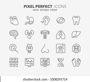 Thin line icons set of hospital and medical care. Outline symbol collection. Editable vector stroke. 64x64 Pixel Perfect.