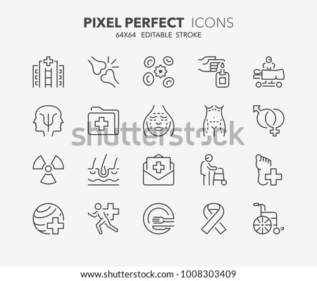 Thin line icons set of hospital and medical care. Outline symbol collection. Editable vector stroke. 64x64 Pixel Perfect.