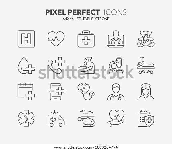 Thin line icons set of hospital and medical\
care. Outline symbol collection. Editable vector stroke. 64x64\
Pixel Perfect.