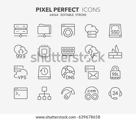Thin line icons set of hosting and cloud computing networks concepts. Outline symbol collection. Editable vector stroke. 64x64 Pixel Perfect.