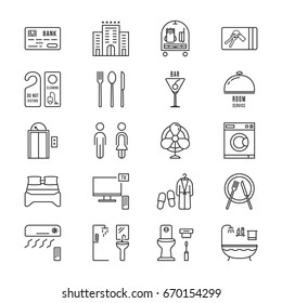 thin line icons set hotel and rest. linear flat style trend modern logotype graphic art design isolated on white. holiday trip with baggage to lux apartment or infographic for hostel website concept