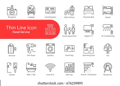 thin line icons set for hotel and home life. linear flat style modern logotype stroke graphic art design isolated on white. concept of privacy location for rest and stay relax or motel website signs