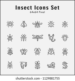 Thin line icons set of insect, animal, wild. Editable vector stroke 64x64 Pixel.