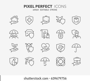 Thin line icons set of insurance and protection concepts. Outline symbol collection. Editable vector stroke. 64x64 Pixel Perfect.