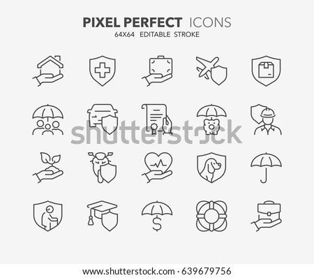 Thin line icons set of insurance and protection concepts. Outline symbol collection. Editable vector stroke. 64x64 Pixel Perfect.