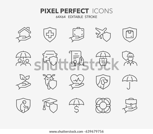 Thin line icons set of insurance and protection\
concepts. Outline symbol collection. Editable vector stroke. 64x64\
Pixel Perfect.